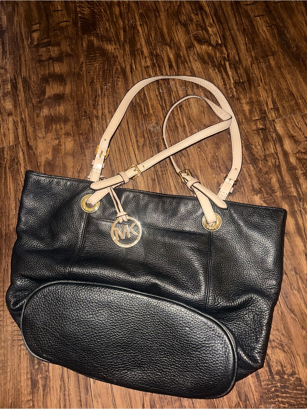 Michael Kors Black Pebbled Leather Tote with Cream Straps